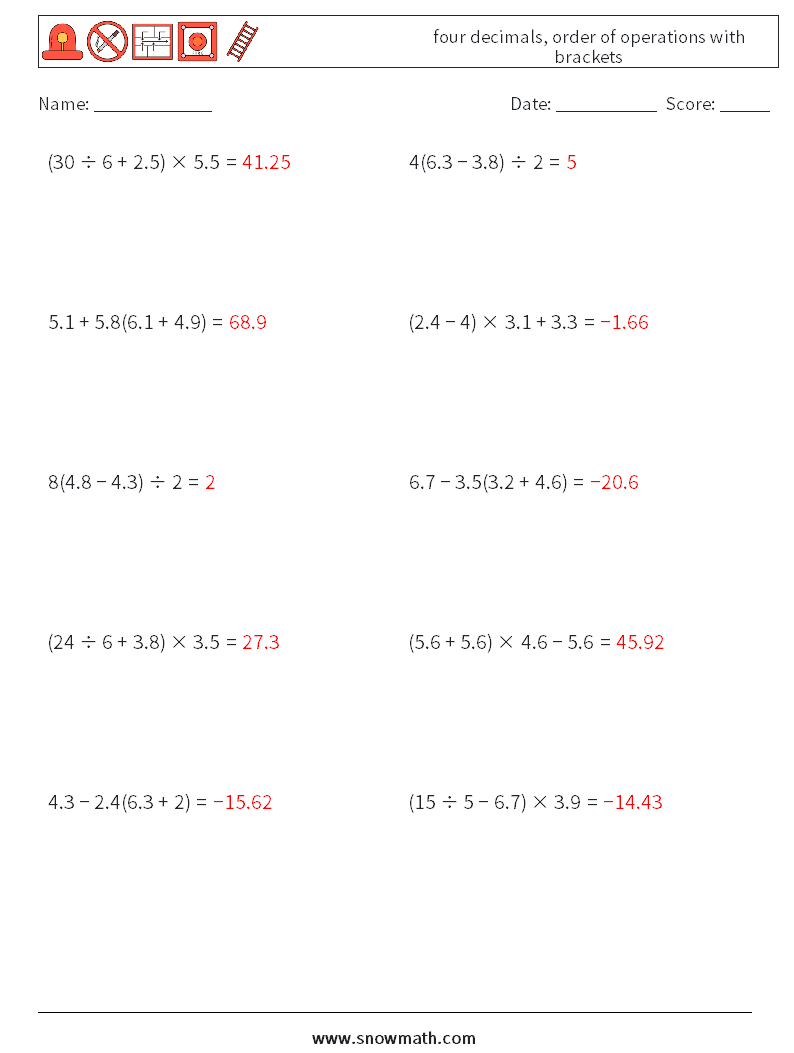 four decimals, order of operations with brackets Math Worksheets 15 Question, Answer