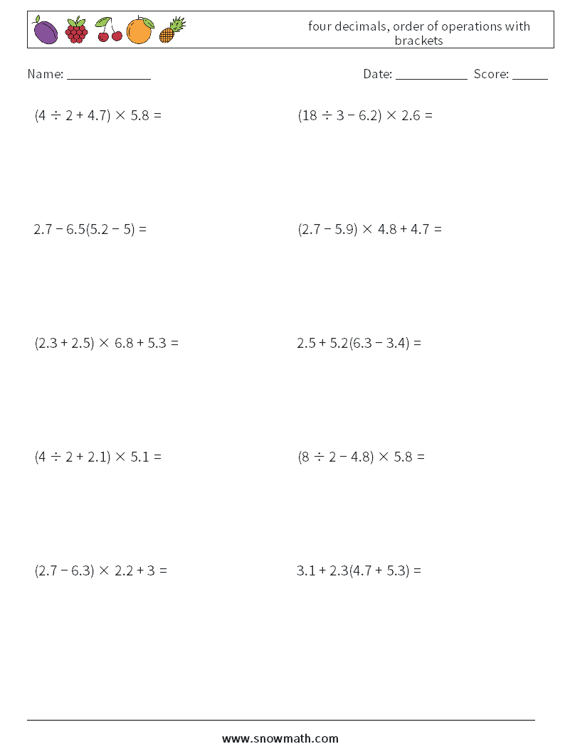 four decimals, order of operations with brackets Math Worksheets 17