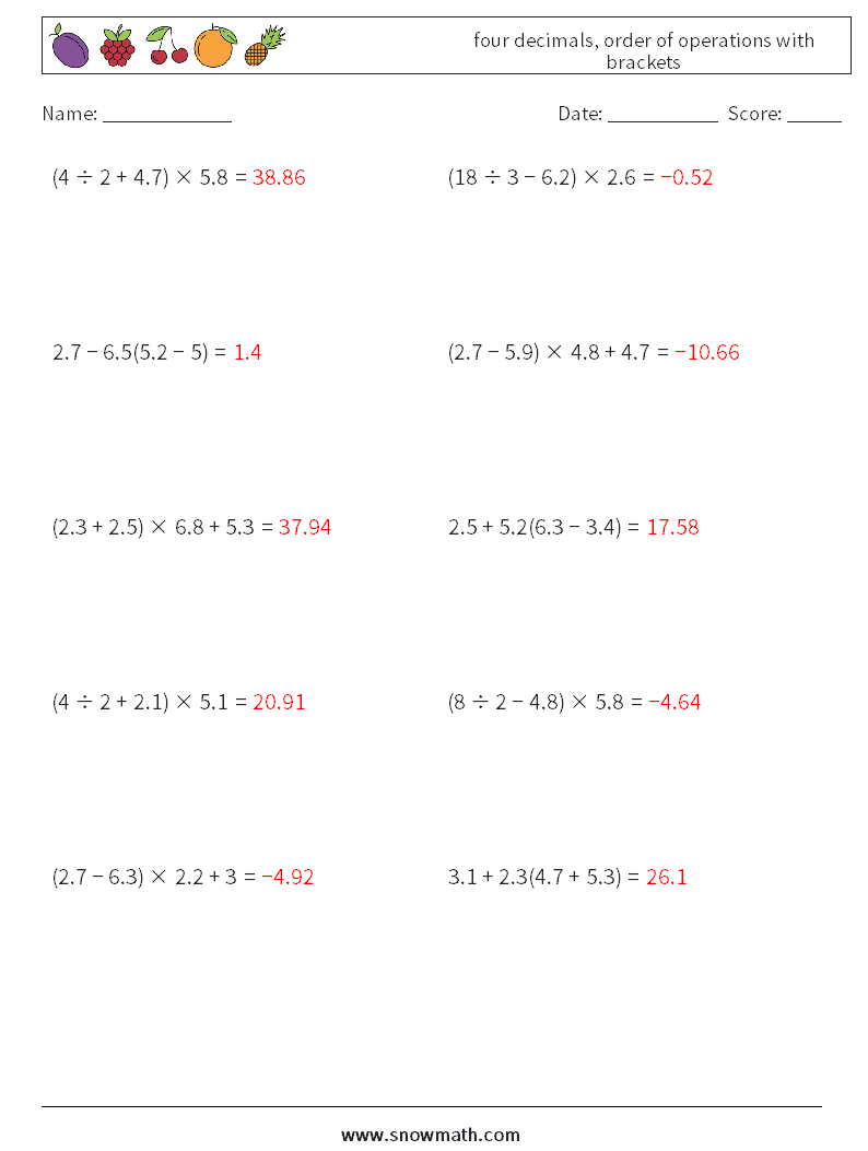 four decimals, order of operations with brackets Math Worksheets 17 Question, Answer