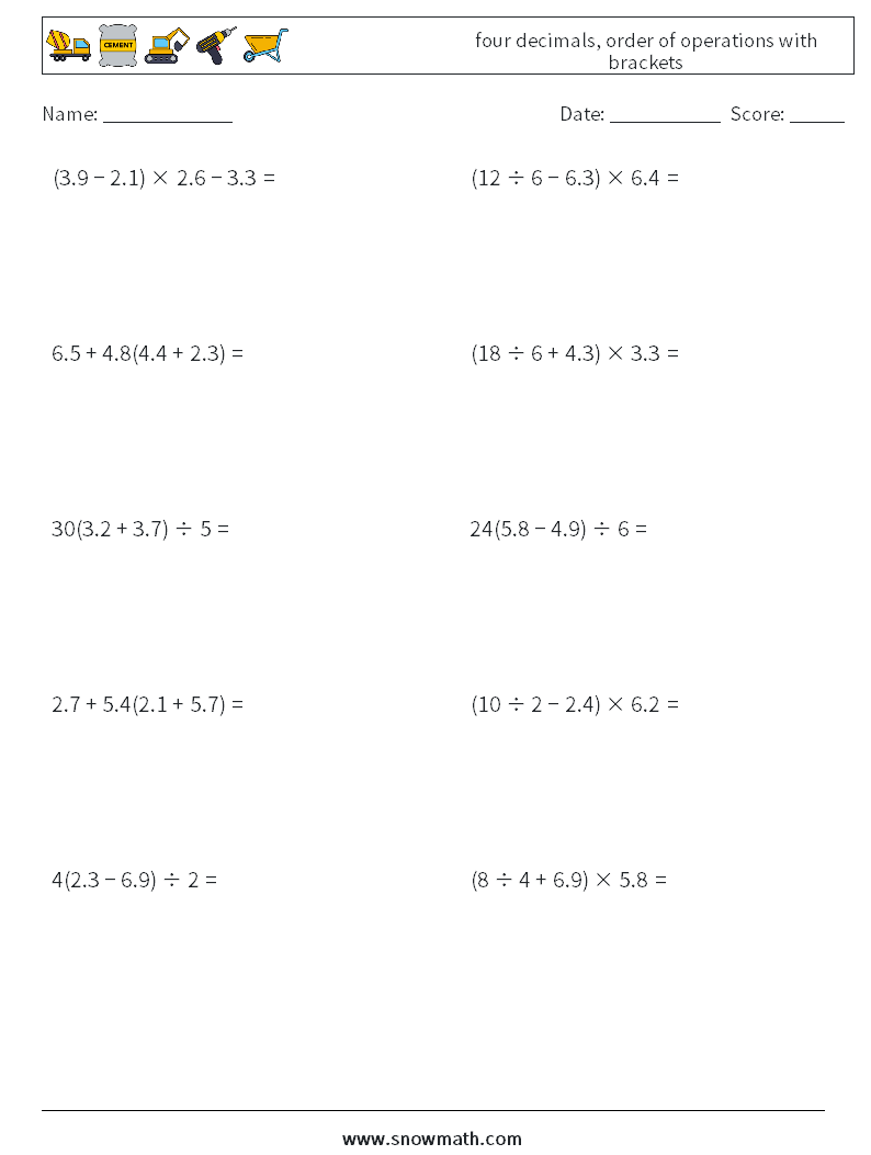 four decimals, order of operations with brackets Math Worksheets 18