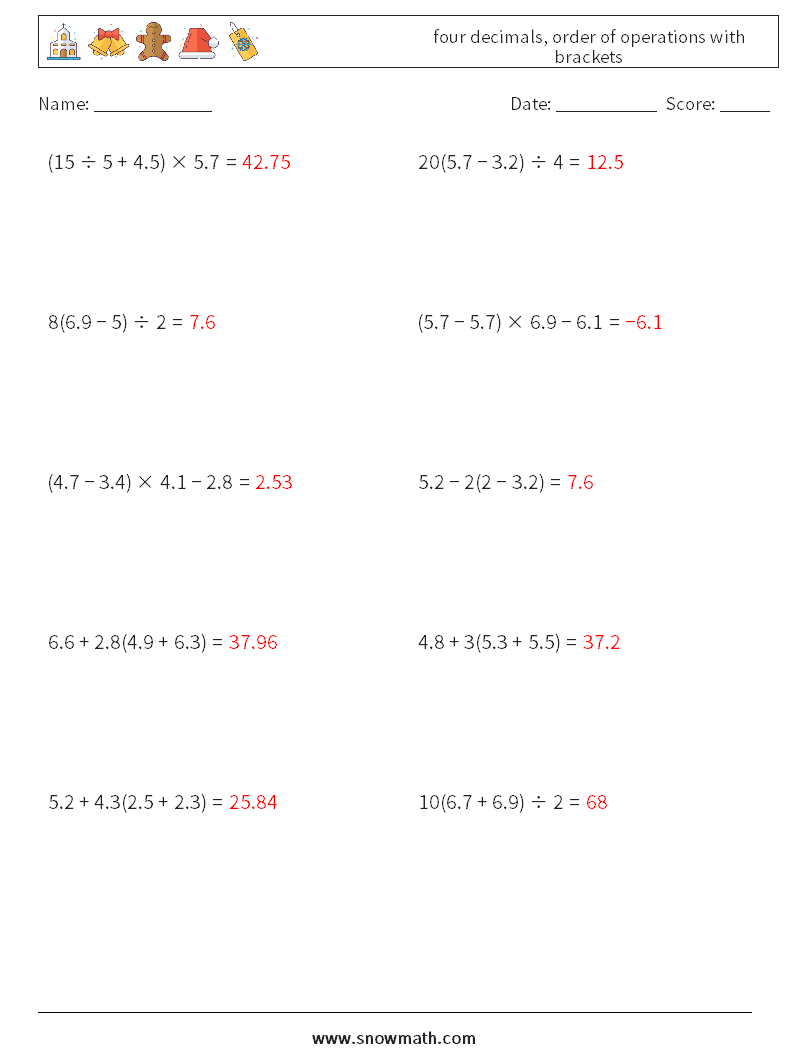 four decimals, order of operations with brackets Math Worksheets 1 Question, Answer