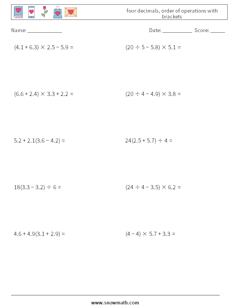 four decimals, order of operations with brackets Math Worksheets 2