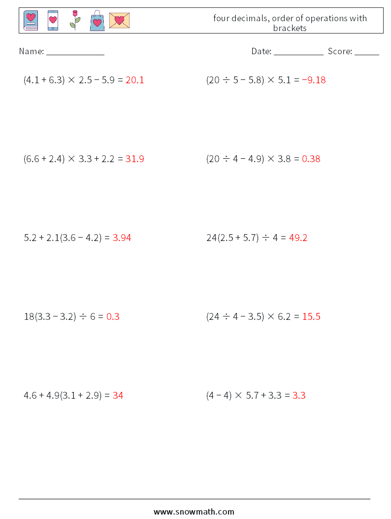 four decimals, order of operations with brackets Math Worksheets 2 Question, Answer