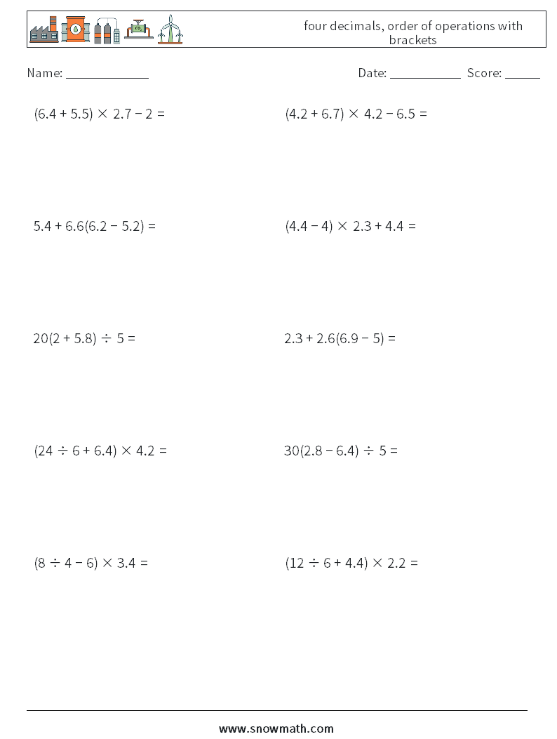 four decimals, order of operations with brackets Math Worksheets 3