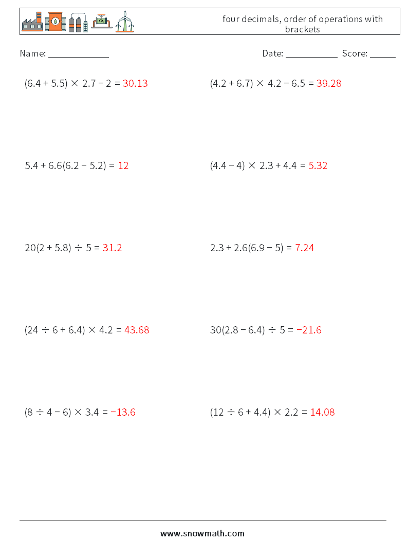 four decimals, order of operations with brackets Math Worksheets 3 Question, Answer