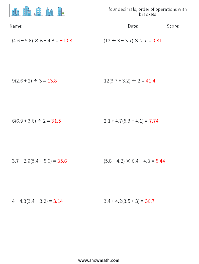 four decimals, order of operations with brackets Math Worksheets 4 Question, Answer