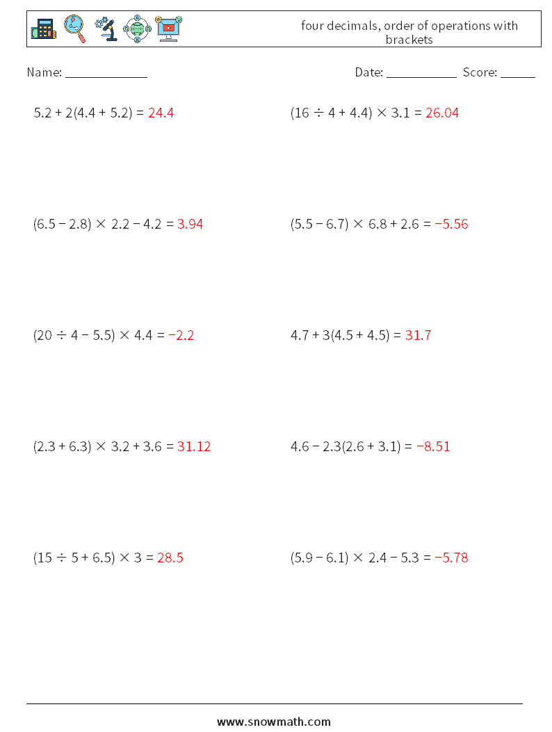 four decimals, order of operations with brackets Math Worksheets 5 Question, Answer