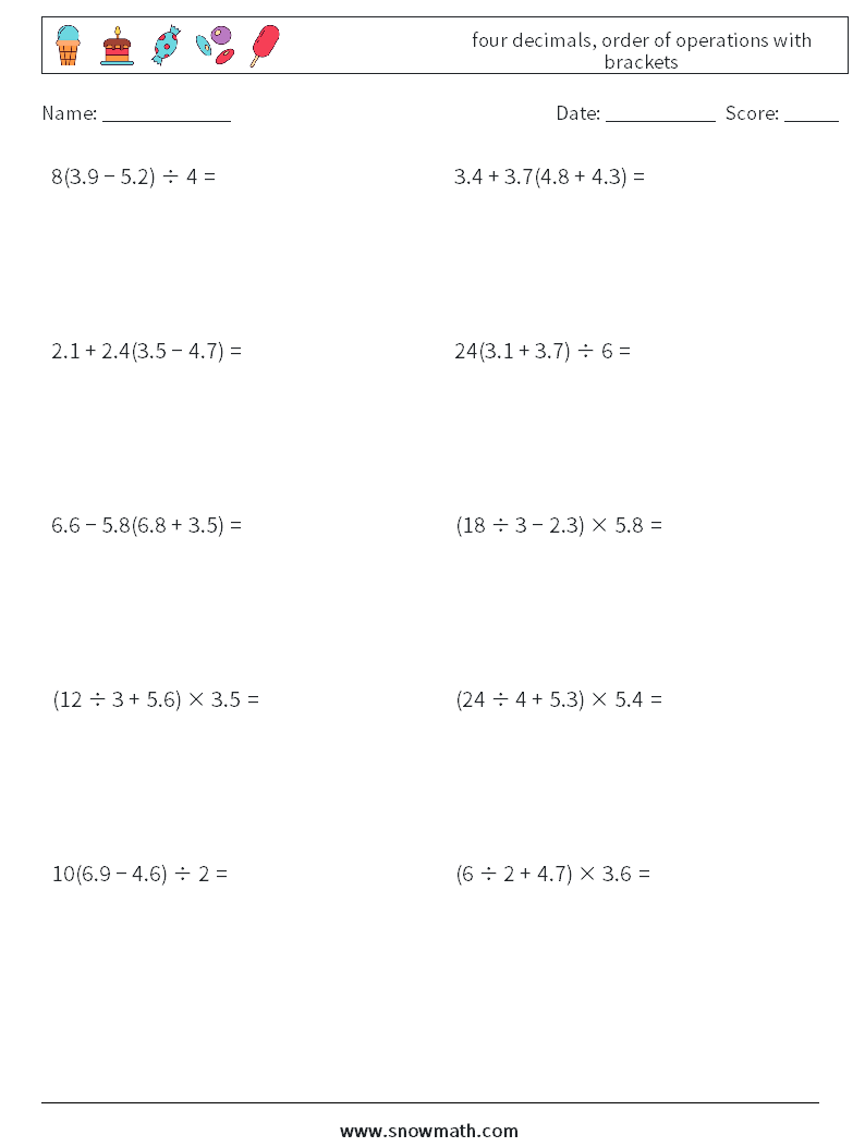 four decimals, order of operations with brackets Math Worksheets 6