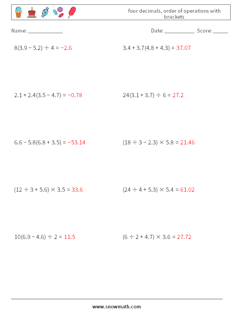 four decimals, order of operations with brackets Math Worksheets 6 Question, Answer