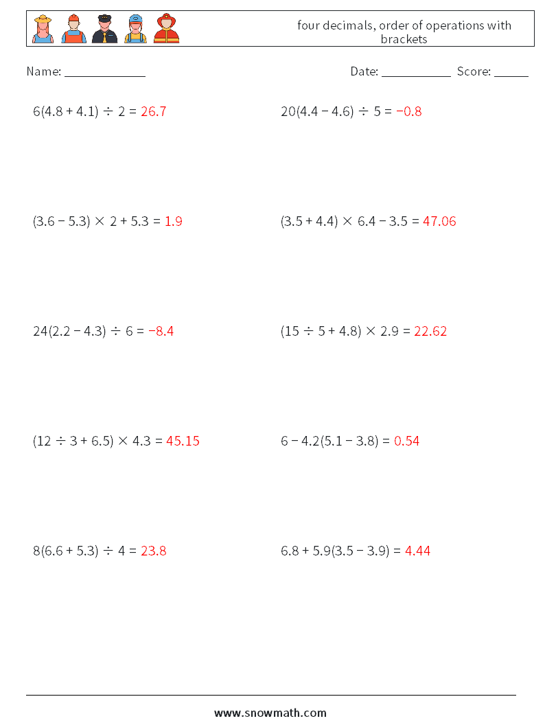 four decimals, order of operations with brackets Math Worksheets 7 Question, Answer