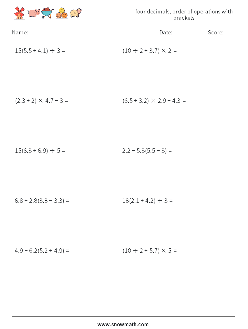 four decimals, order of operations with brackets Math Worksheets 9