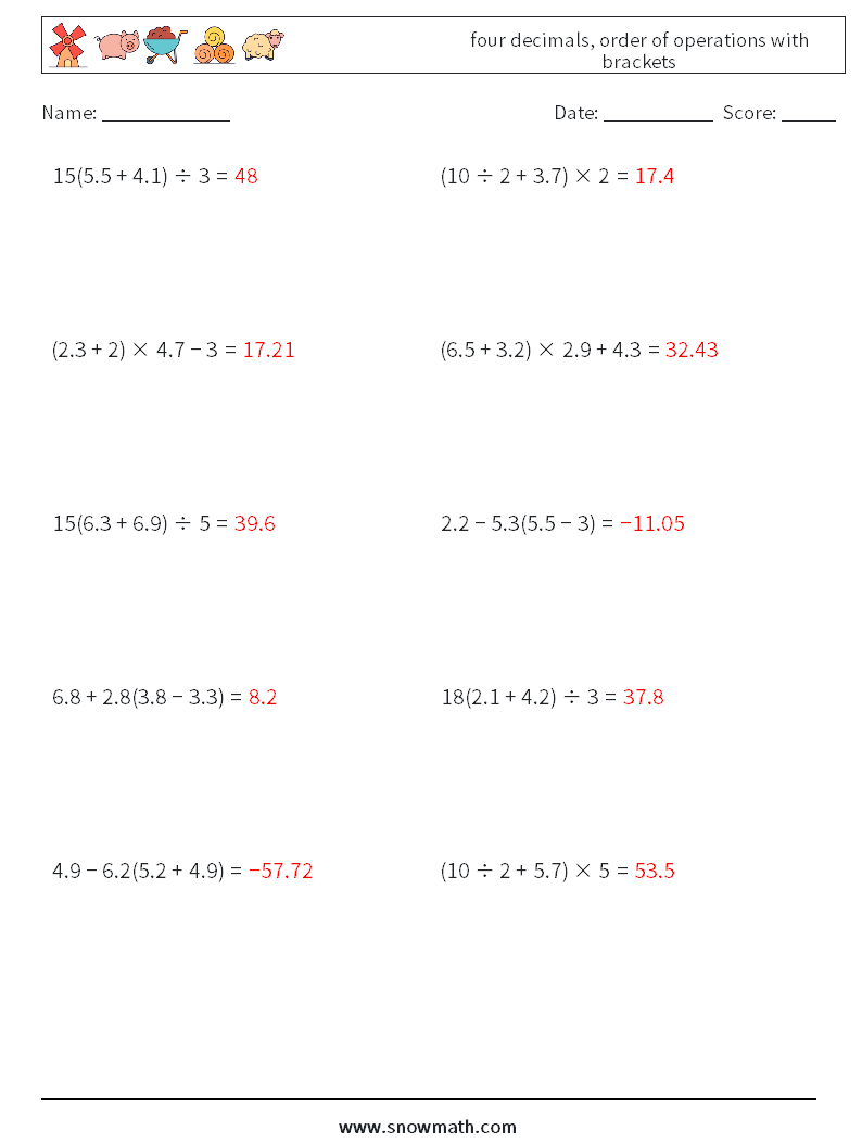 four decimals, order of operations with brackets Math Worksheets 9 Question, Answer