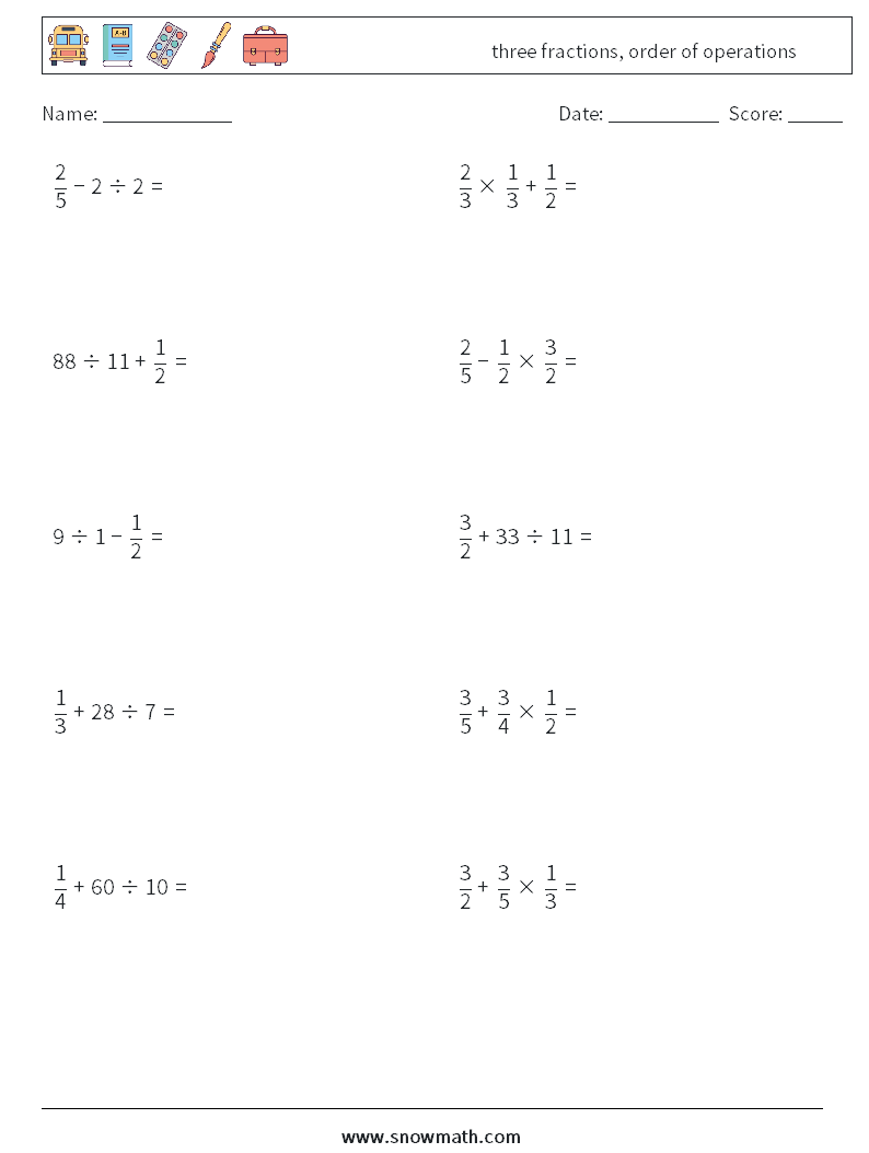three fractions, order of operations Math Worksheets 1