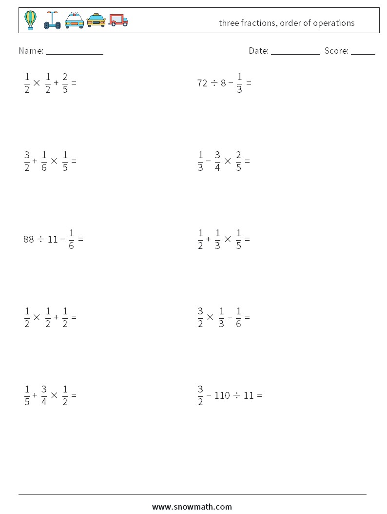 three fractions, order of operations Math Worksheets 10