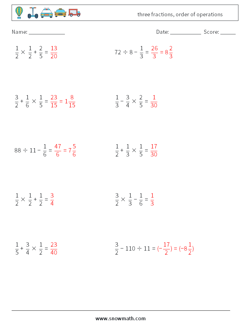 three fractions, order of operations Math Worksheets 10 Question, Answer