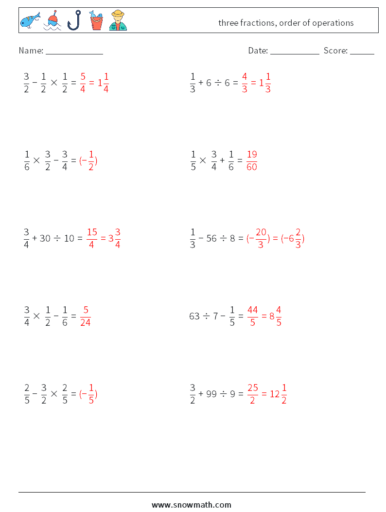 three fractions, order of operations Math Worksheets 12 Question, Answer