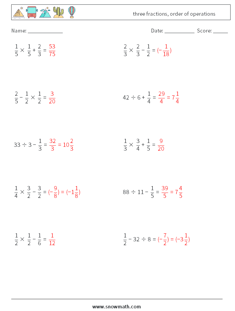 three fractions, order of operations Math Worksheets 13 Question, Answer