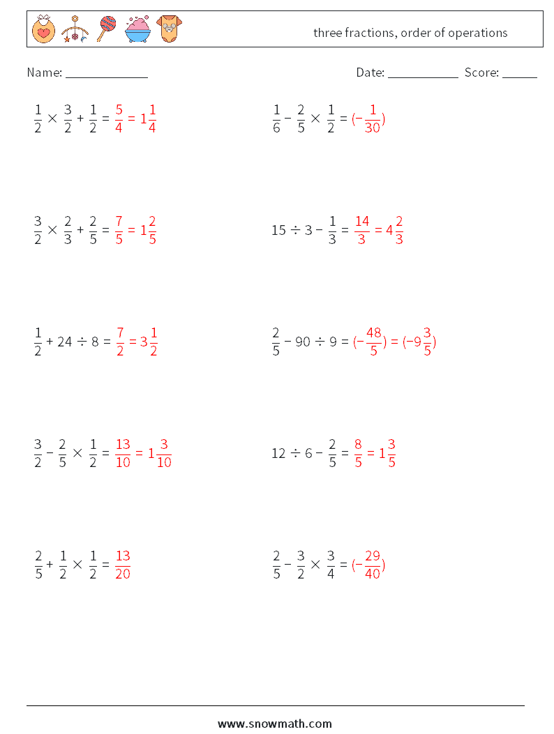 three fractions, order of operations Math Worksheets 14 Question, Answer