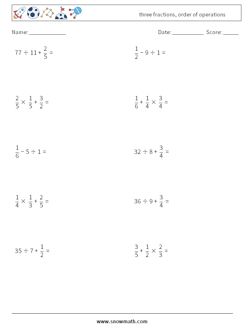 three fractions, order of operations Math Worksheets 15