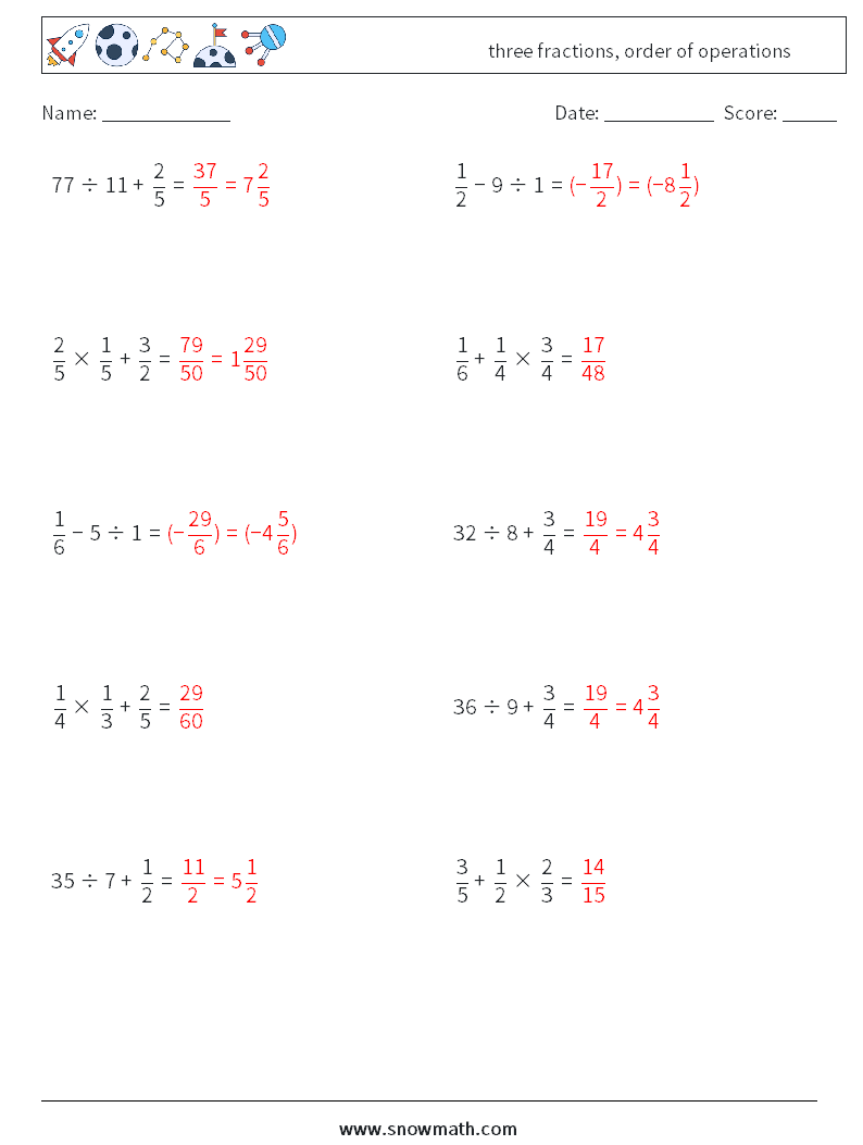 three fractions, order of operations Math Worksheets 15 Question, Answer