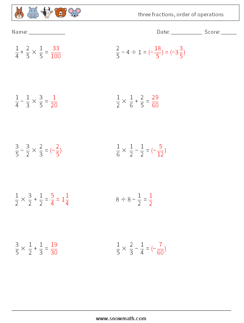 three fractions, order of operations Math Worksheets 16 Question, Answer