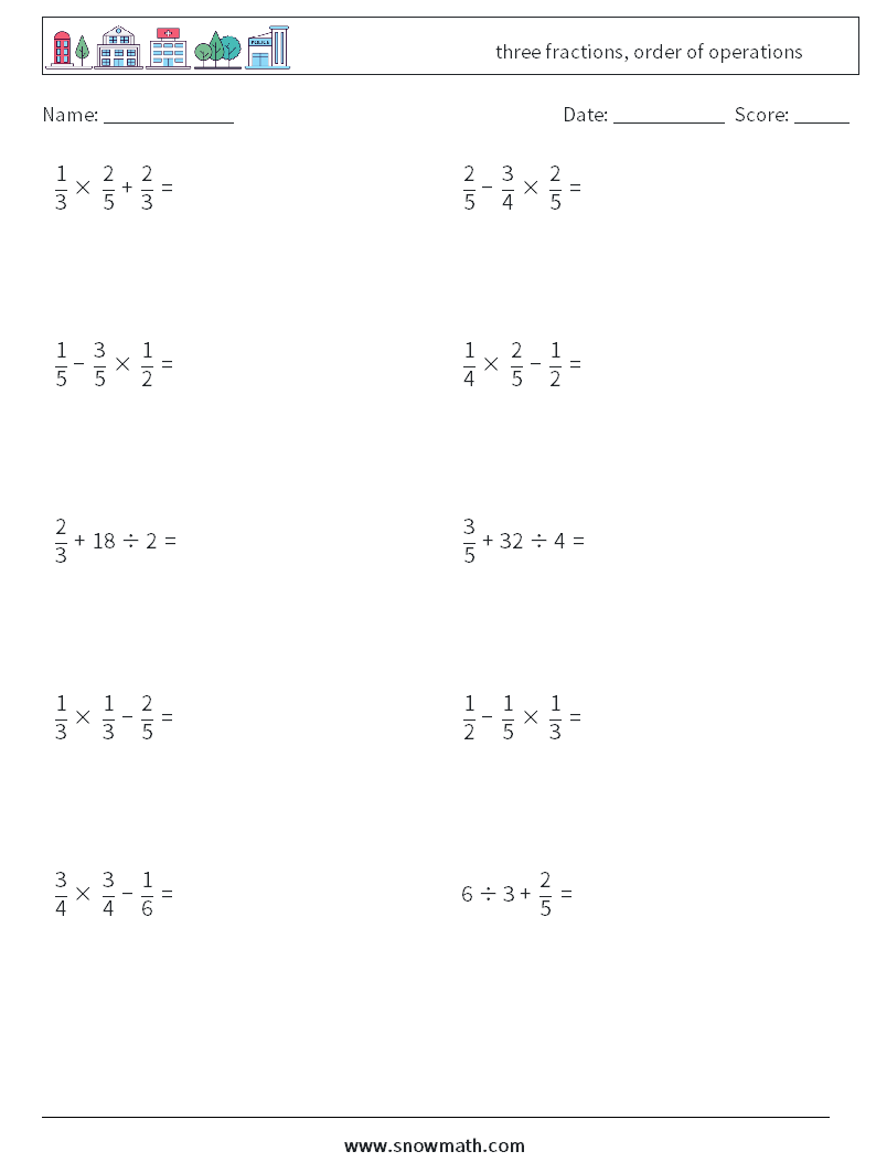 three fractions, order of operations Math Worksheets 17