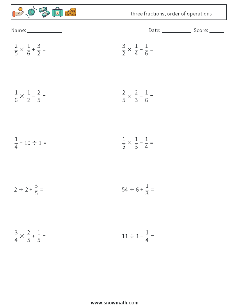 three fractions, order of operations Math Worksheets 18