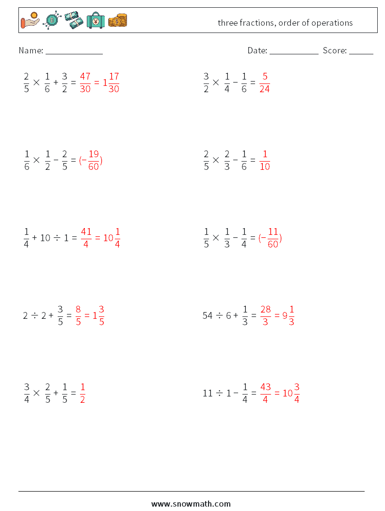 three fractions, order of operations Math Worksheets 18 Question, Answer