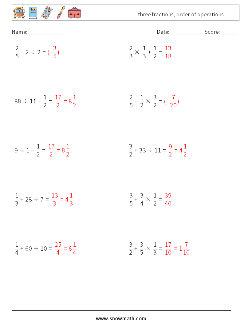three fractions, order of operations Math Worksheets 1 Question, Answer