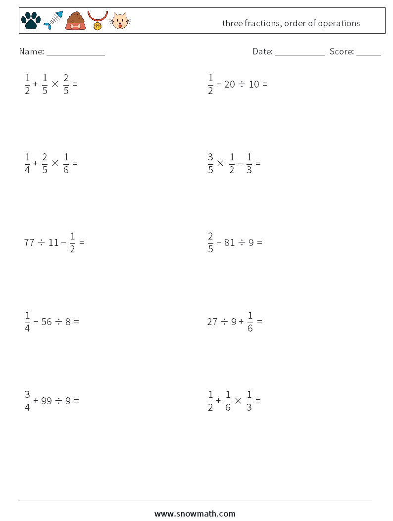 three fractions, order of operations Math Worksheets 2