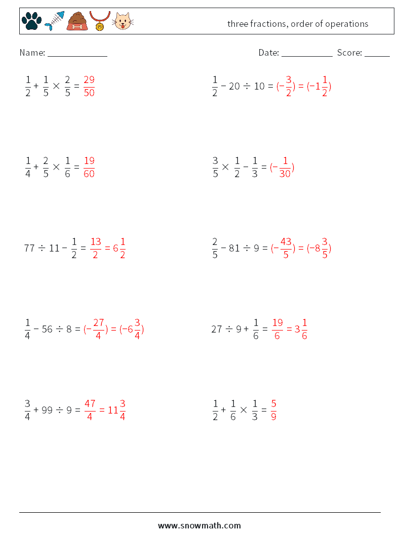 three fractions, order of operations Math Worksheets 2 Question, Answer