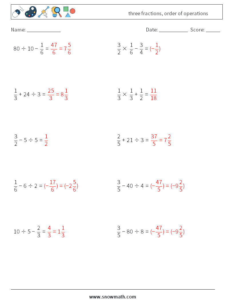 three fractions, order of operations Math Worksheets 3 Question, Answer