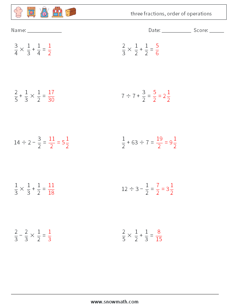 three fractions, order of operations Math Worksheets 4 Question, Answer