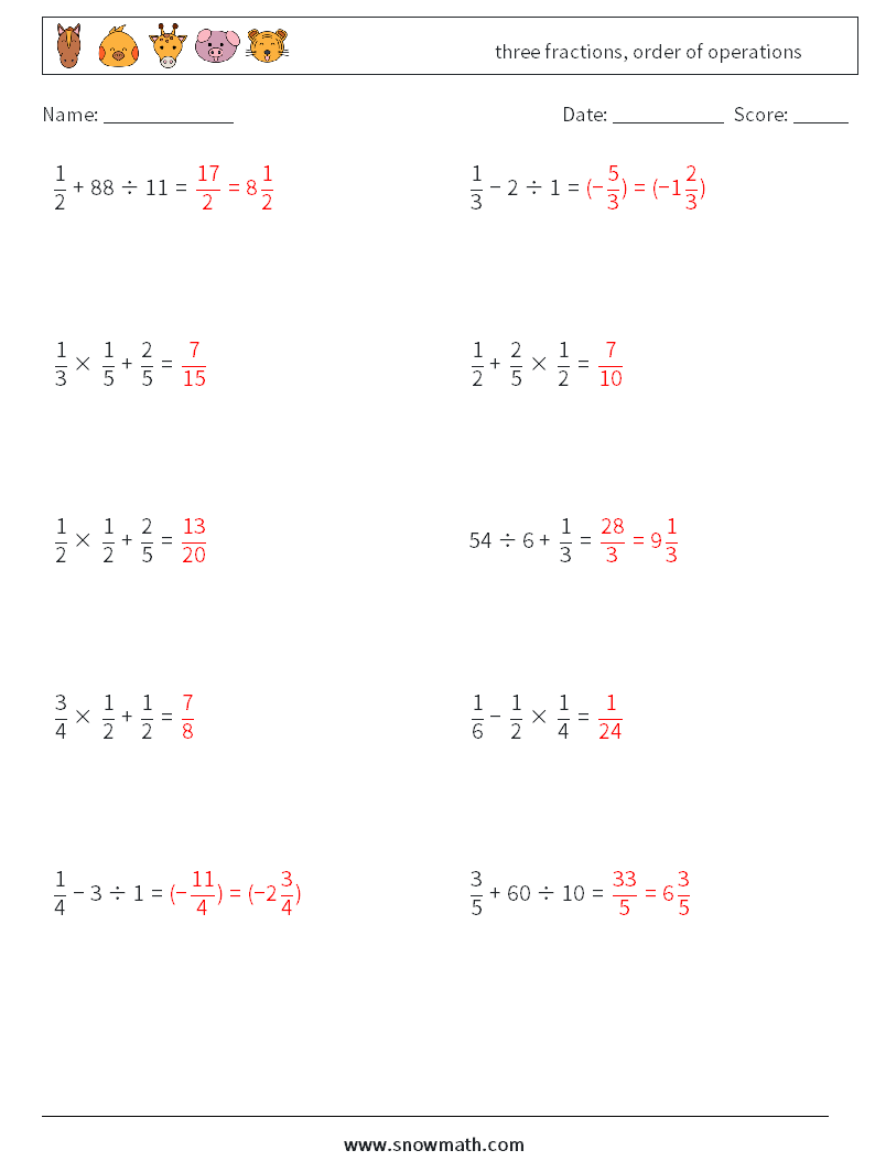 three fractions, order of operations Math Worksheets 5 Question, Answer