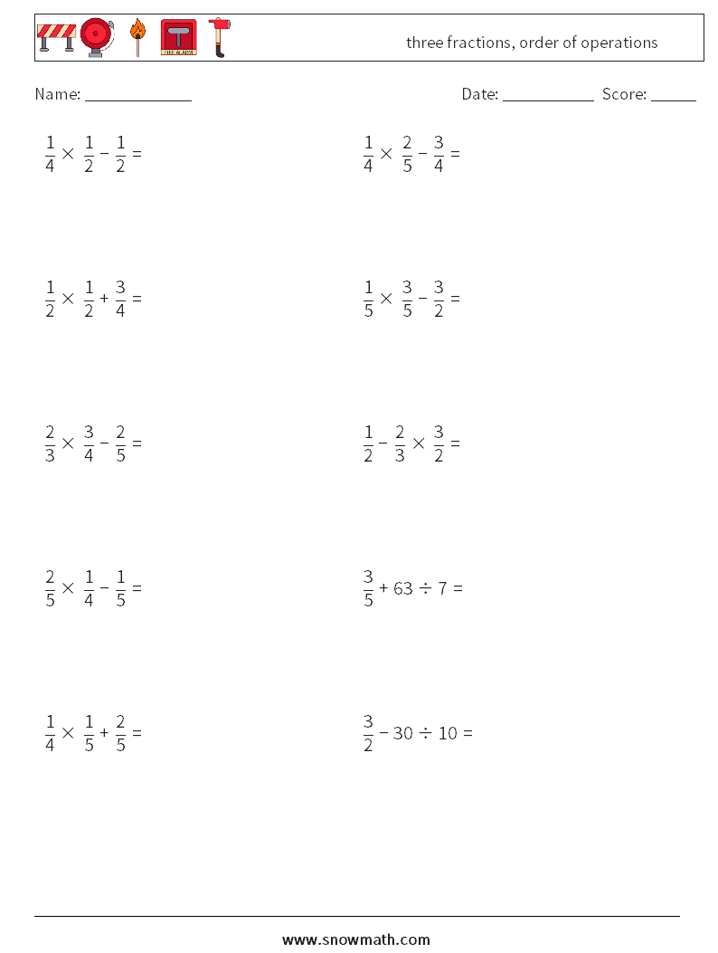 three fractions, order of operations Math Worksheets 6