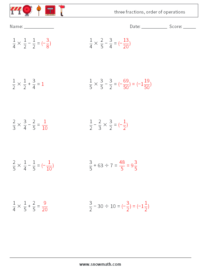 three fractions, order of operations Math Worksheets 6 Question, Answer