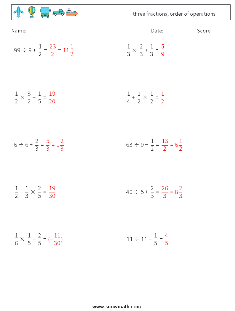 three fractions, order of operations Math Worksheets 7 Question, Answer