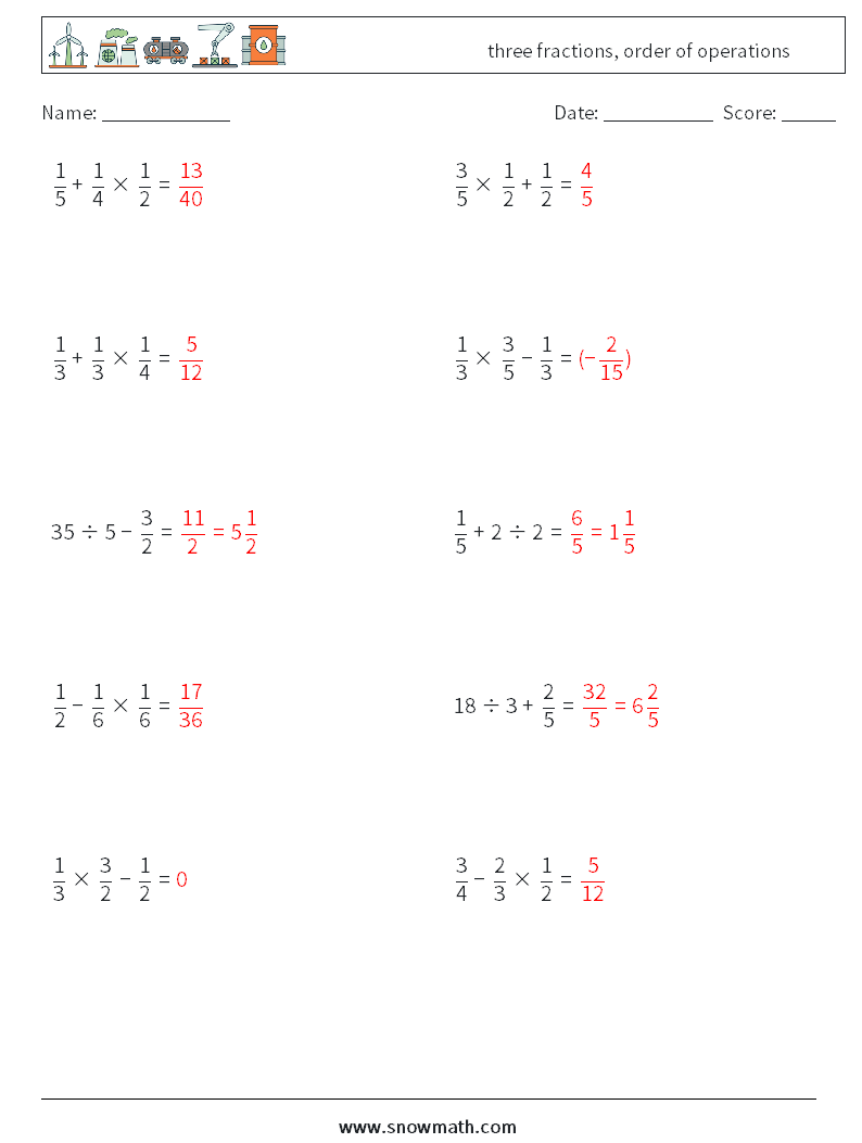 three fractions, order of operations Math Worksheets 8 Question, Answer