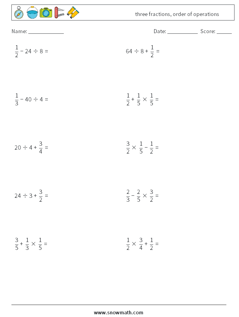 three fractions, order of operations Math Worksheets 9