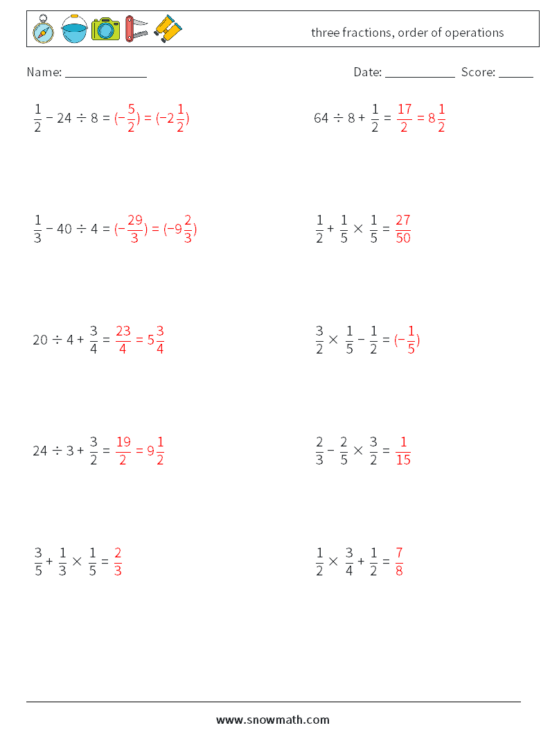 three fractions, order of operations Math Worksheets 9 Question, Answer