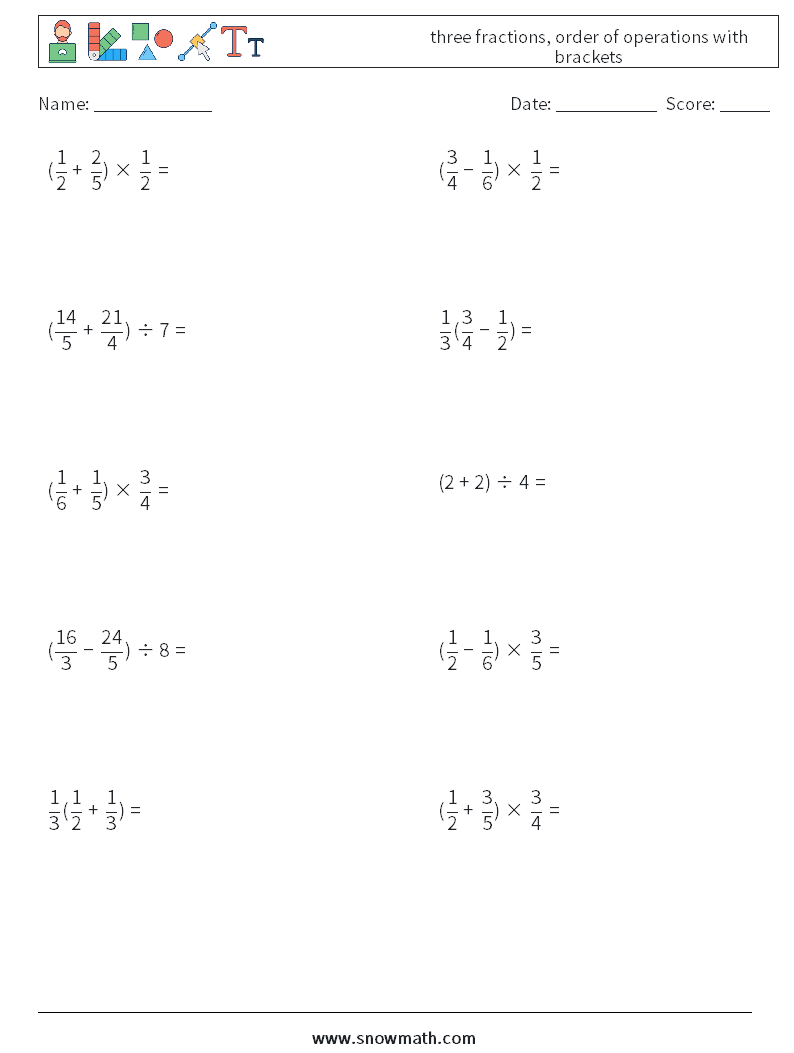 three fractions, order of operations with brackets Math Worksheets 1