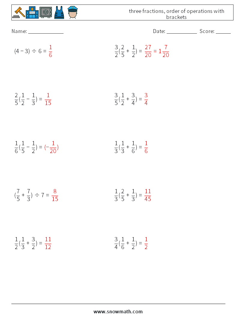 three fractions, order of operations with brackets Math Worksheets 10 Question, Answer