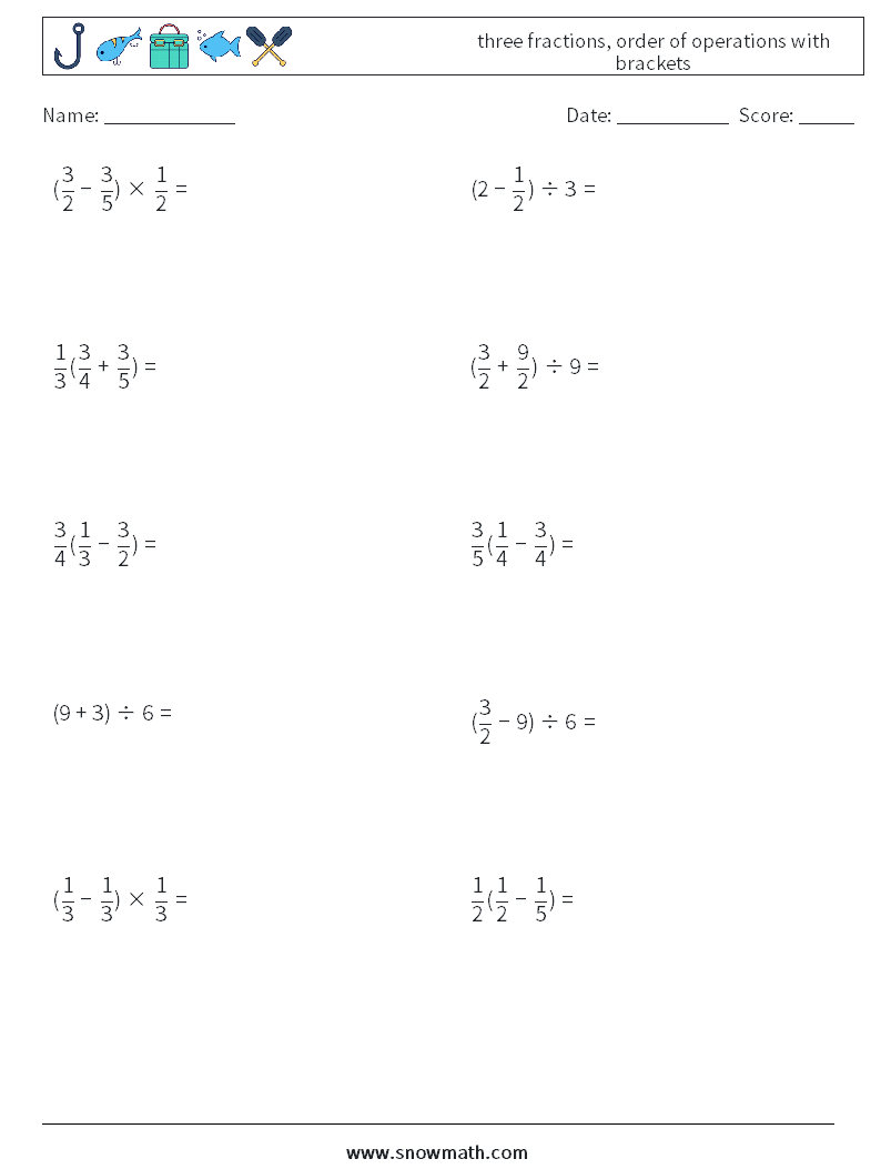 three fractions, order of operations with brackets Math Worksheets 12