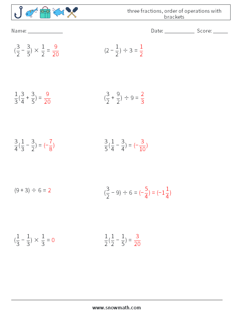 three fractions, order of operations with brackets Math Worksheets 12 Question, Answer