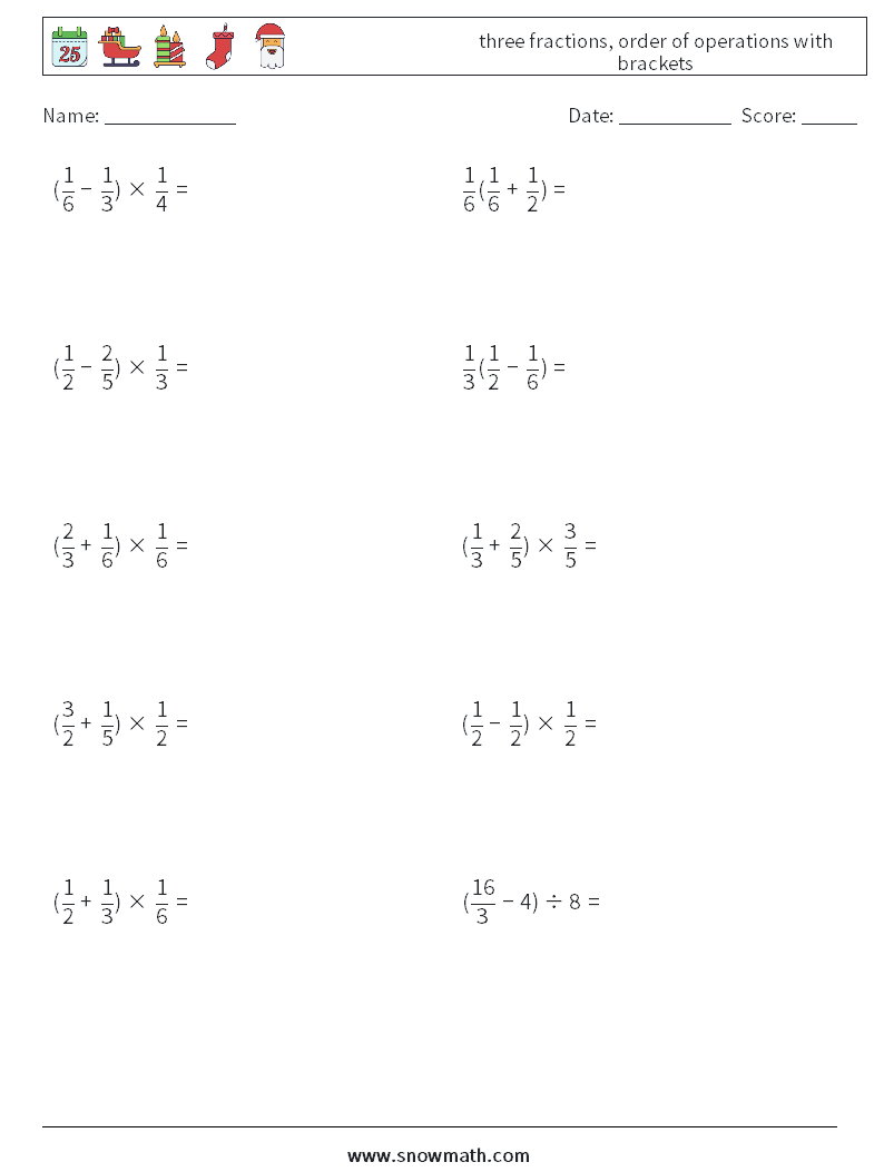 three fractions, order of operations with brackets Math Worksheets 13