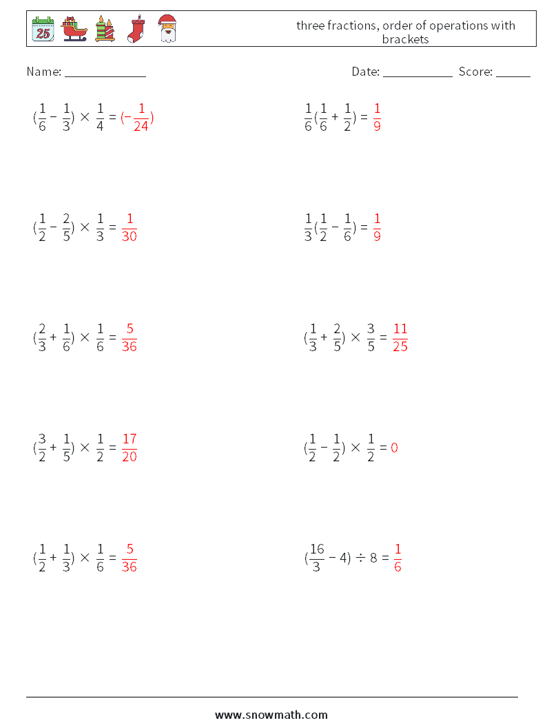 three fractions, order of operations with brackets Math Worksheets 13 Question, Answer