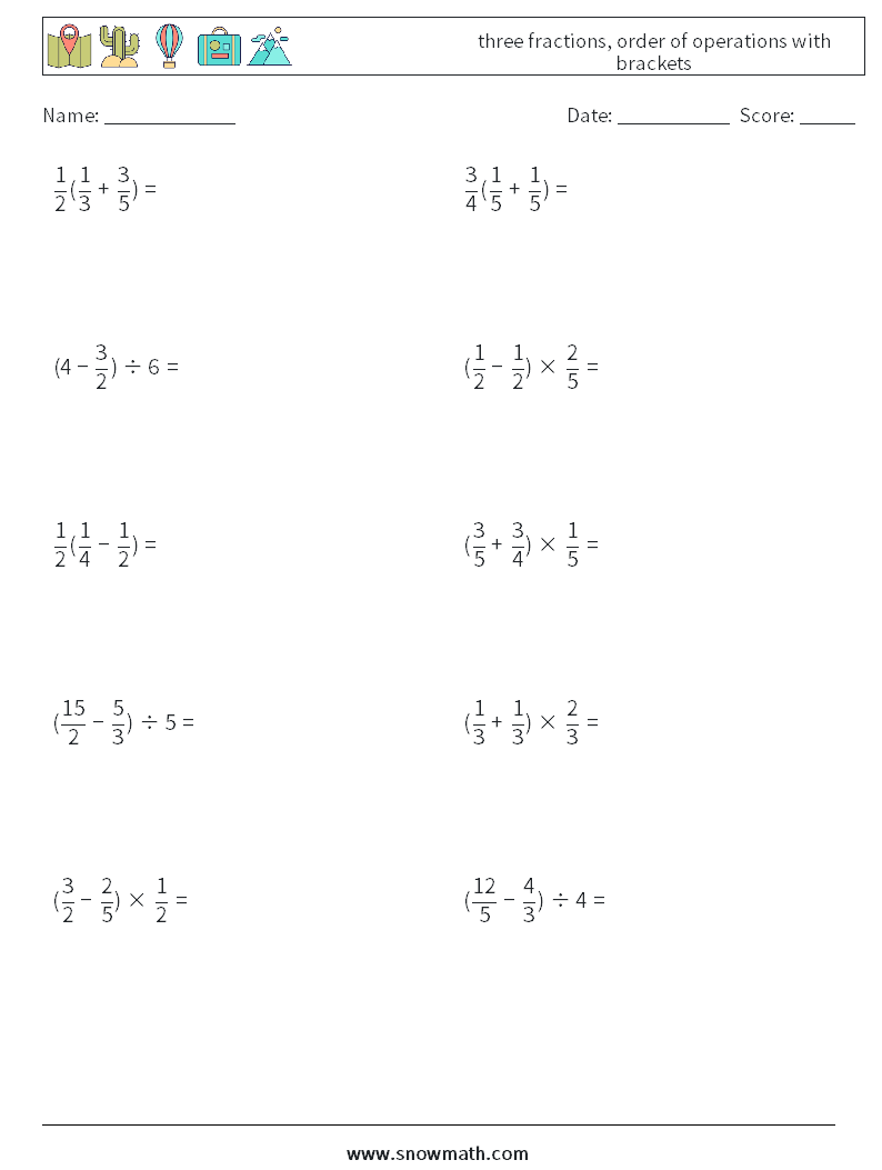 three fractions, order of operations with brackets Math Worksheets 14