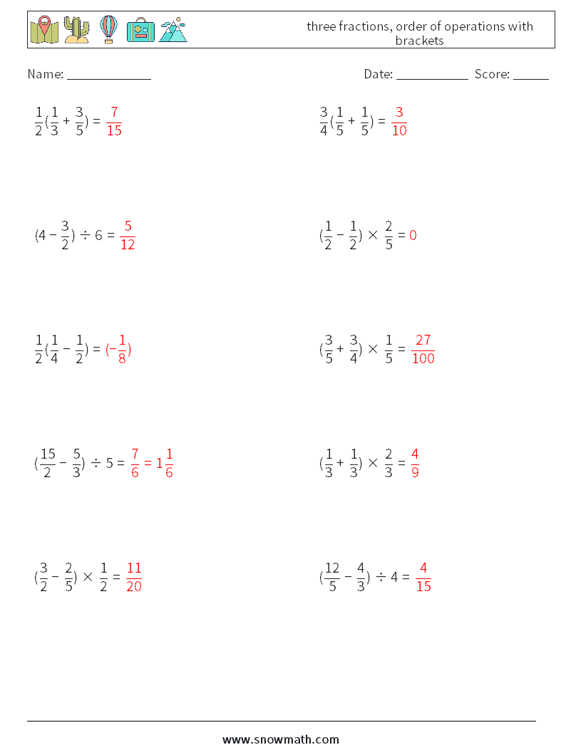 three fractions, order of operations with brackets Math Worksheets 14 Question, Answer