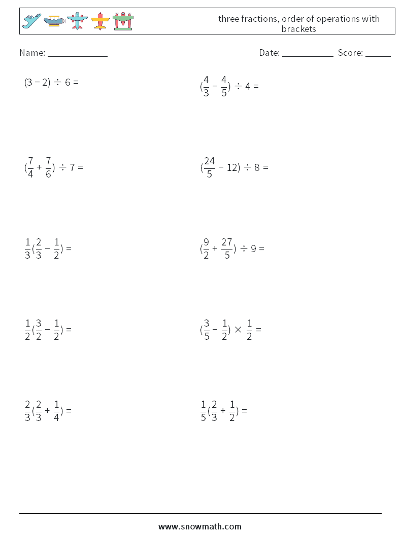 three fractions, order of operations with brackets Math Worksheets 15