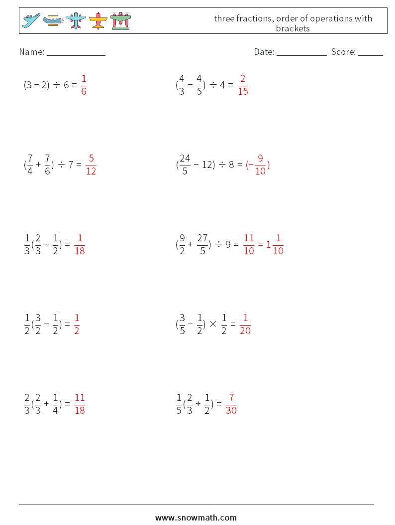 three fractions, order of operations with brackets Math Worksheets 15 Question, Answer